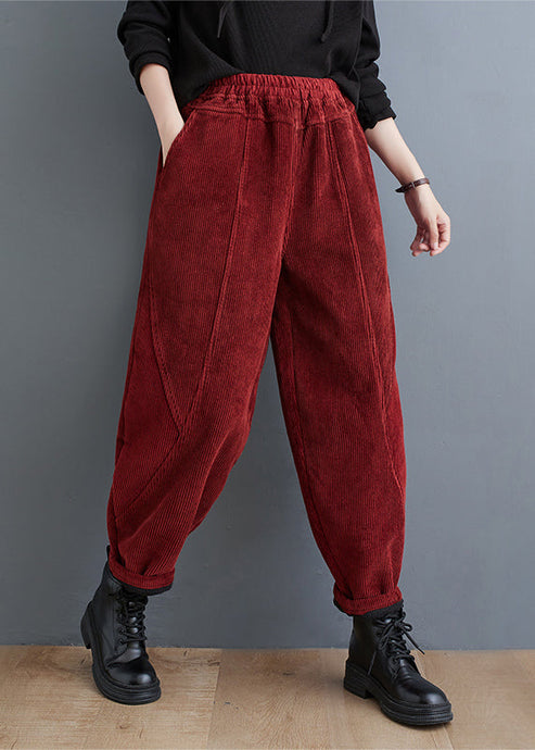 Casual Red Pockets Elastic Waist Corduroy Warm Fleece Pants Winter