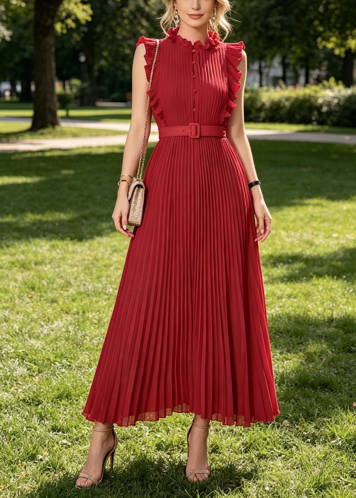 Casual Red Ruffled Wrinkled Chiffon Long Dress Sleeveless