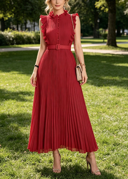 Casual Red Ruffled Wrinkled Chiffon Long Dress Sleeveless