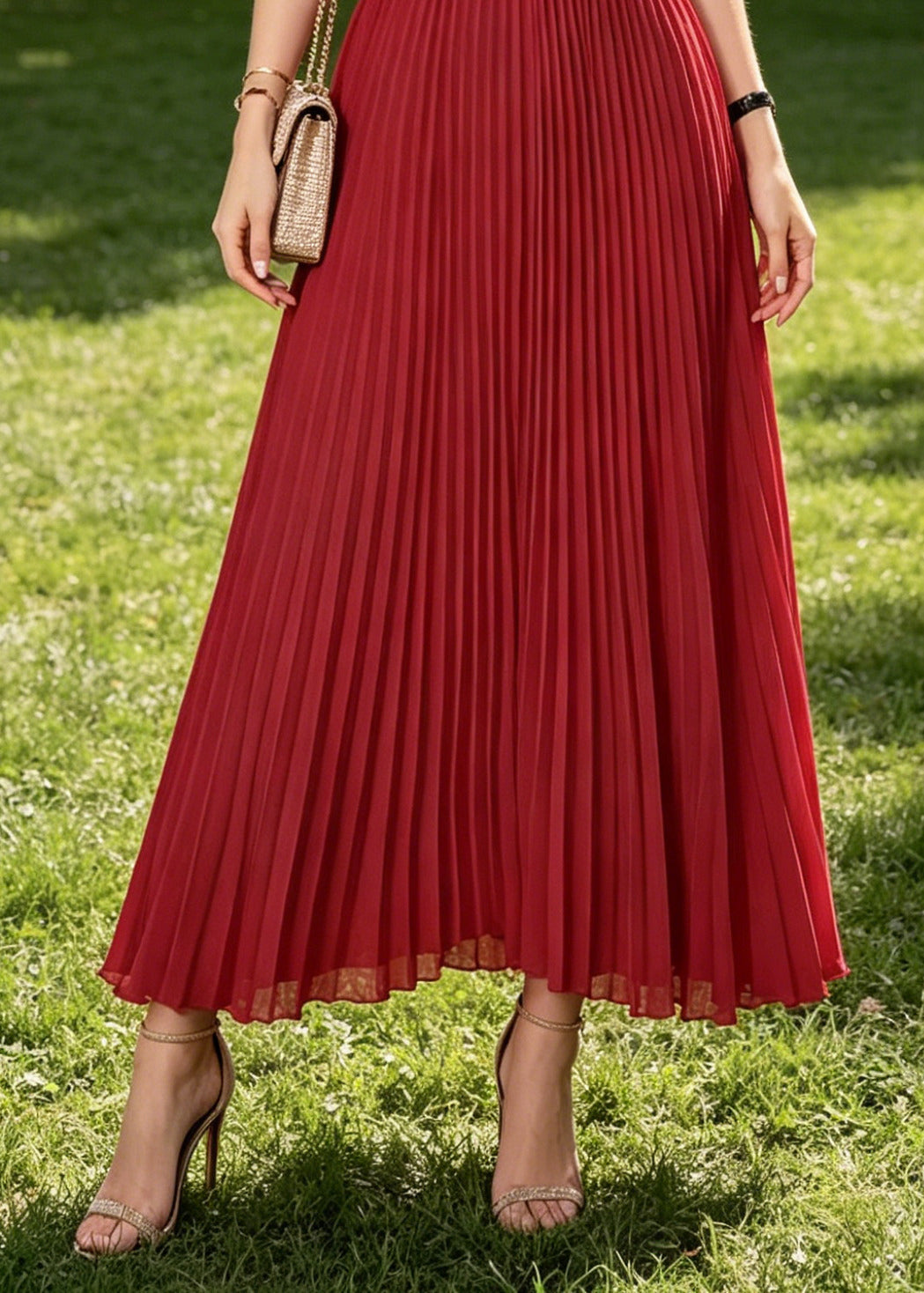 Casual Red Ruffled Wrinkled Chiffon Long Dress Sleeveless
