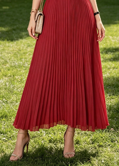 Casual Red Ruffled Wrinkled Chiffon Long Dress Sleeveless