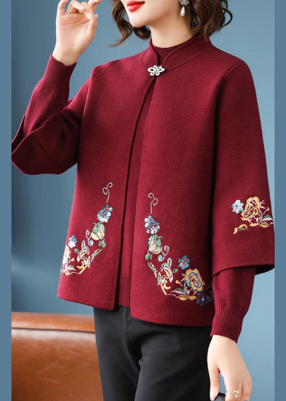 Casual Red Stand Collar Cotton Knit Cardigans And Sweater Two Piece Set Spring