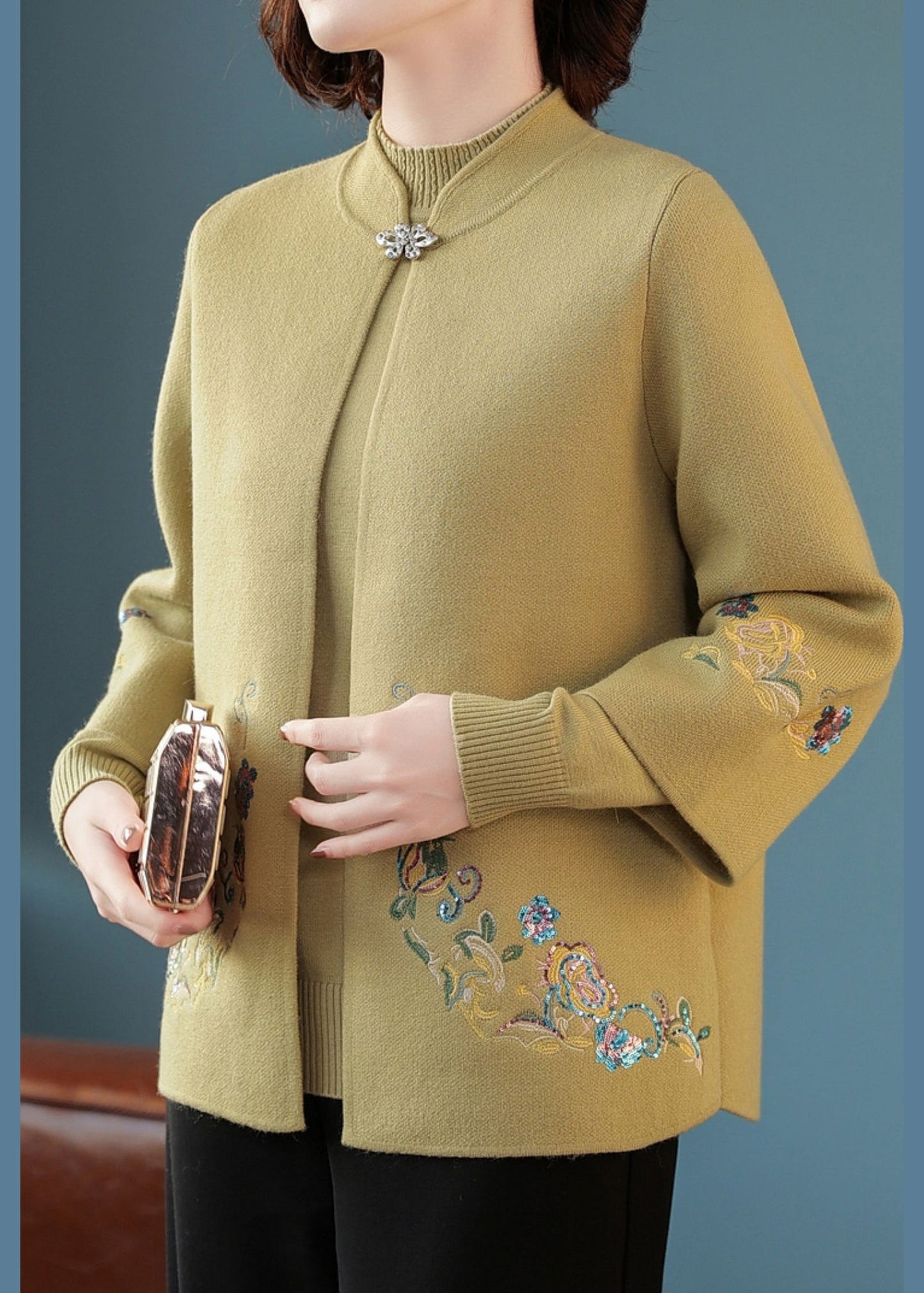 Casual Red Stand Collar Cotton Knit Cardigans And Sweater Two Piece Set Spring