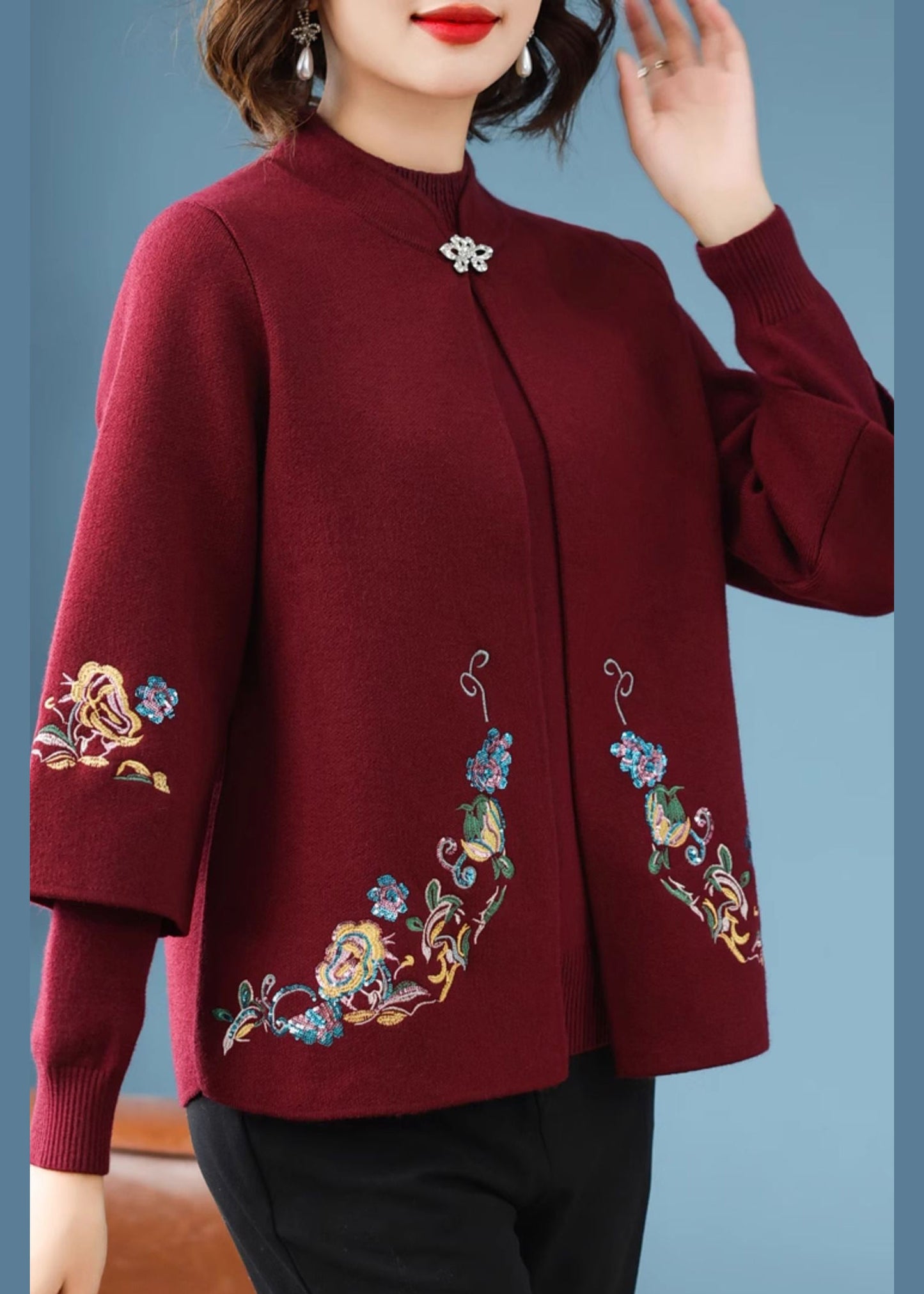 Casual Red Stand Collar Cotton Knit Cardigans And Sweater Two Piece Set Spring