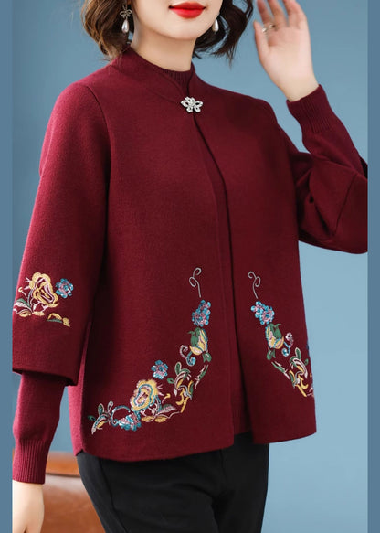 Casual Red Stand Collar Cotton Knit Cardigans And Sweater Two Piece Set Spring