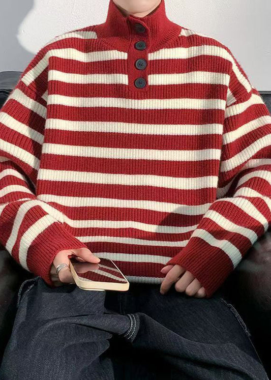 Casual Red Striped Button Knit Mens Sweaters Winter