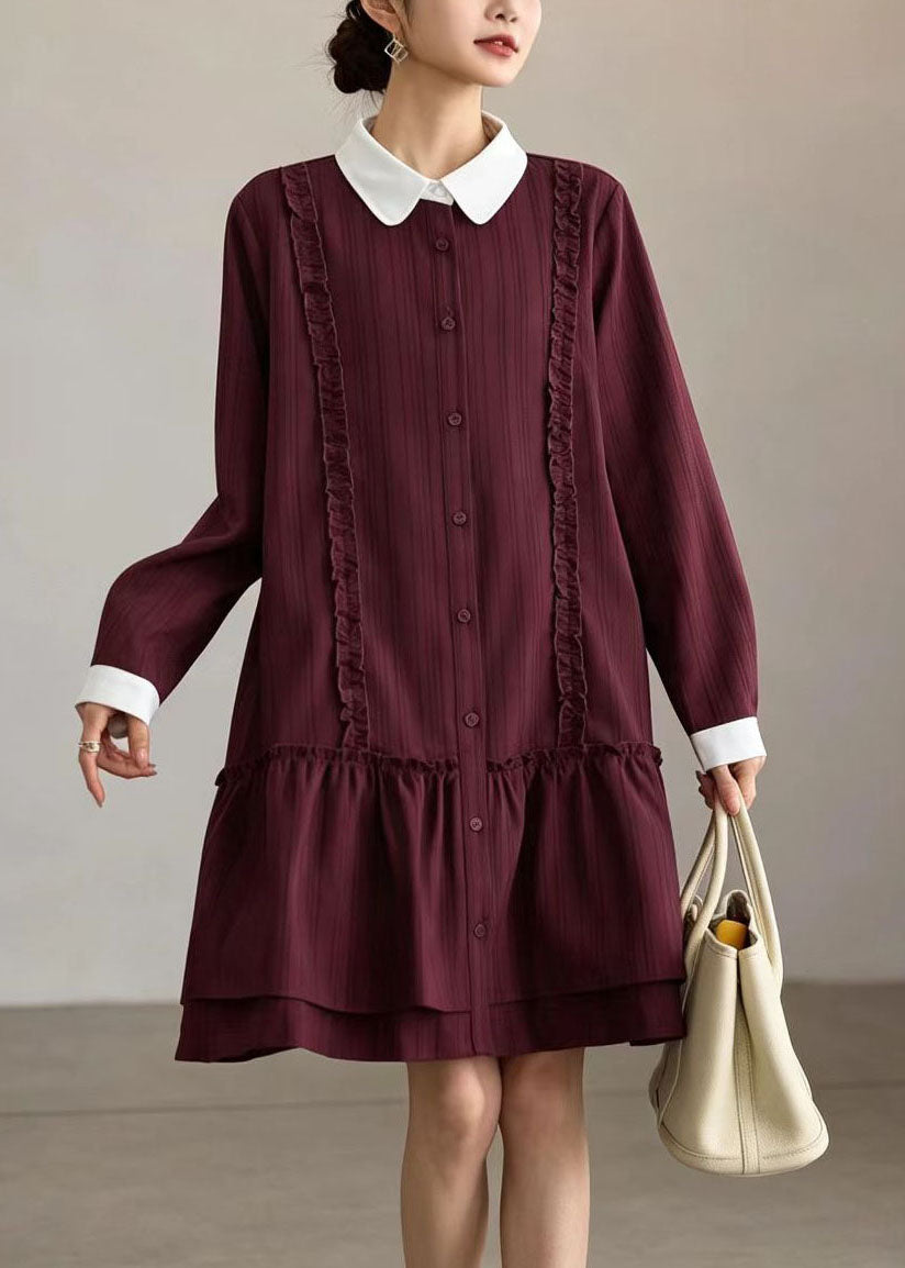 Casual Red Striped Contrast Peter Pan Collar Dress Long sleeve