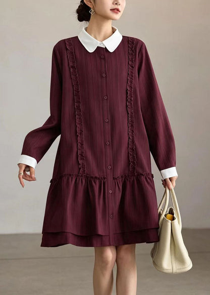 Casual Red Striped Contrast Peter Pan Collar Dress Long sleeve