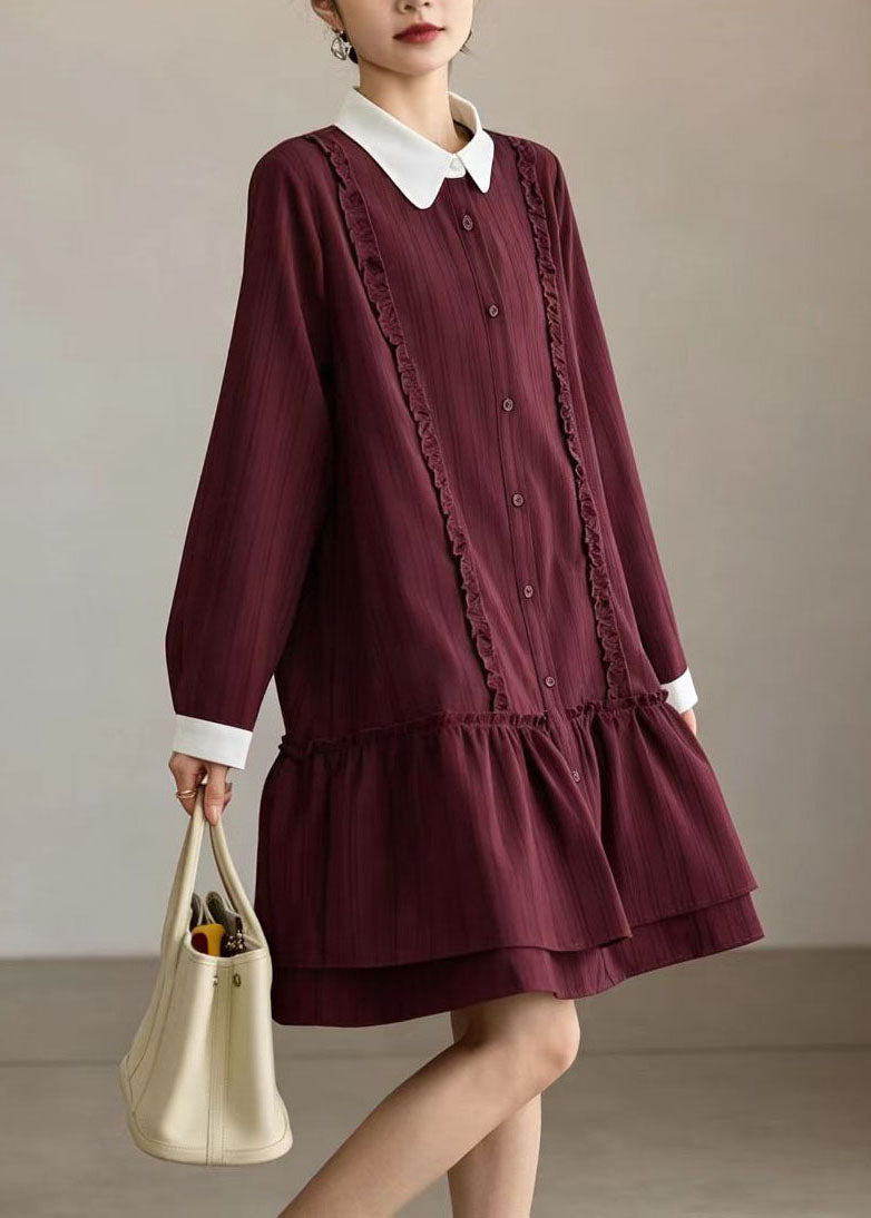 Casual Red Striped Contrast Peter Pan Collar Dress Long sleeve