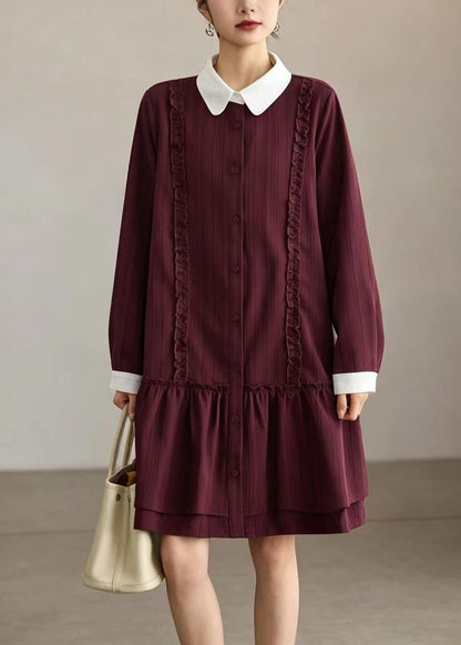 Casual Red Striped Contrast Peter Pan Collar Dress Long sleeve