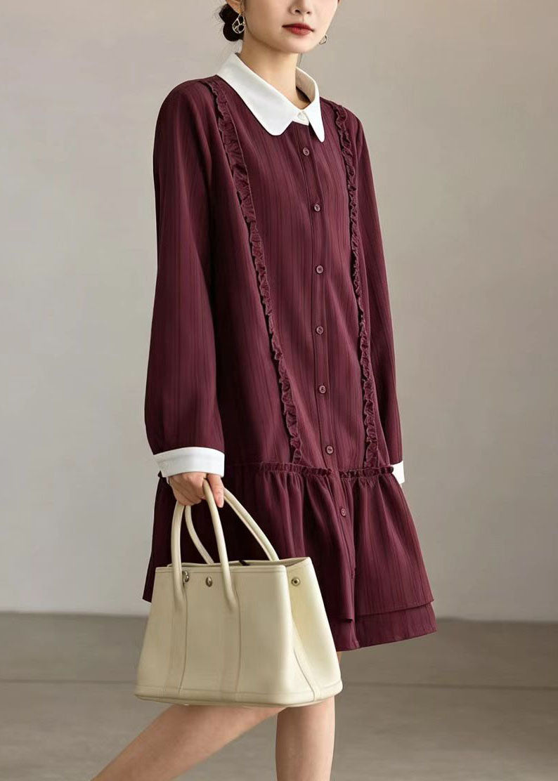 Casual Red Striped Contrast Peter Pan Collar Dress Long sleeve