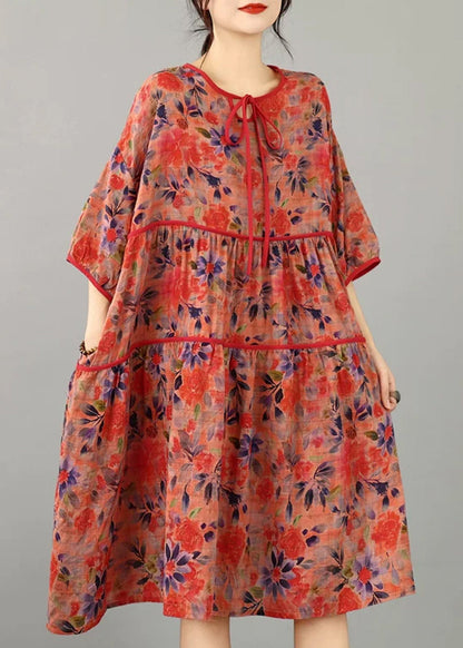 Casual Red Tie Lace Print Wrinkled Long Dress Half Sleeve
