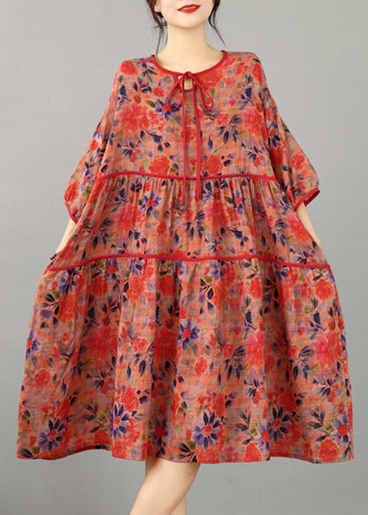 Casual Red Tie Lace Print Wrinkled Long Dress Half Sleeve