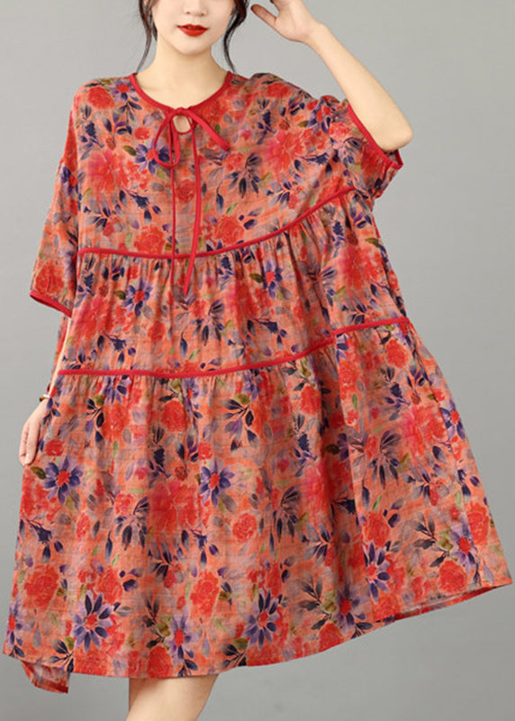 Casual Red Tie Lace Print Wrinkled Long Dress Half Sleeve