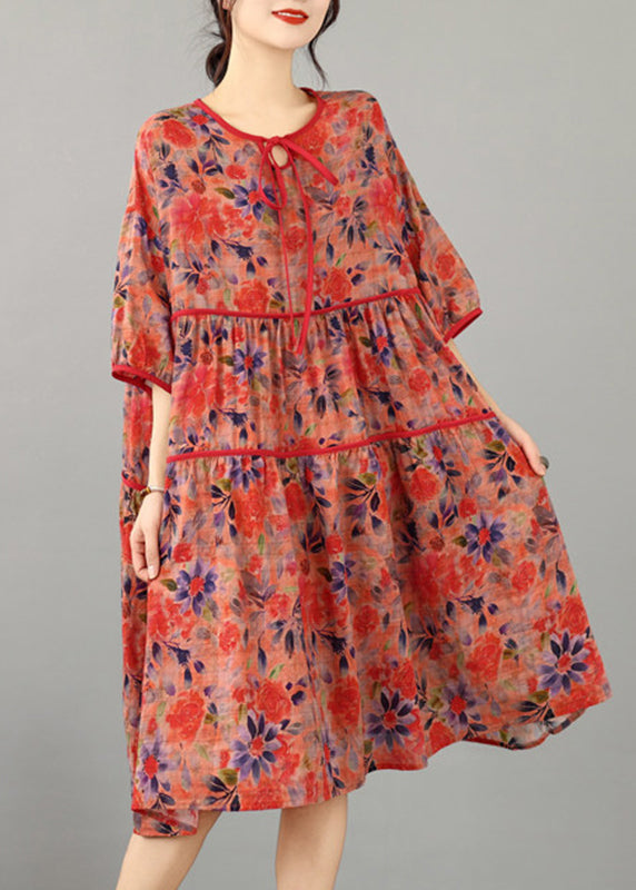 Casual Red Tie Lace Print Wrinkled Long Dress Half Sleeve