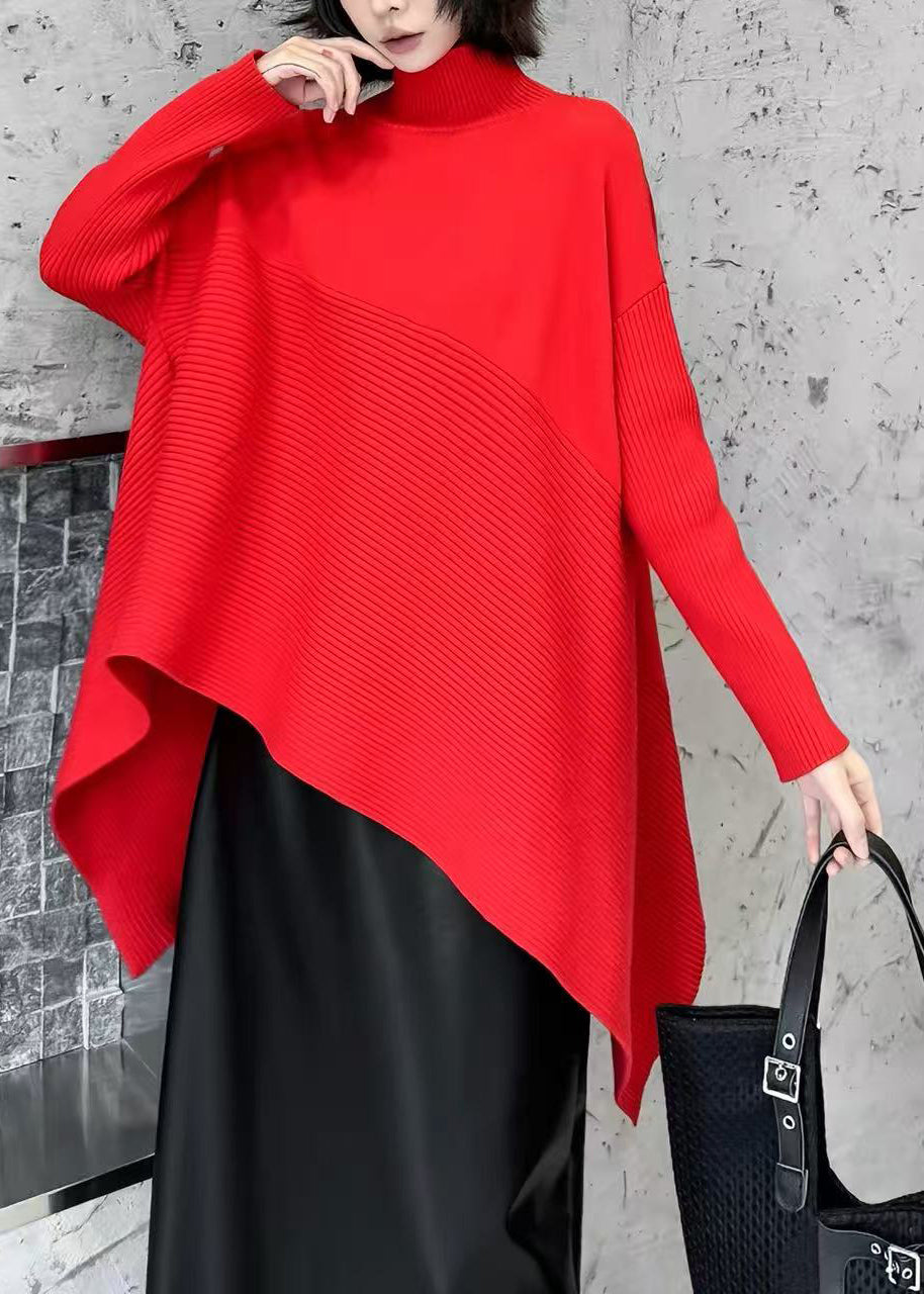 Casual Red Turtleneck Asymmetrical Knit Sweater Tops Fall