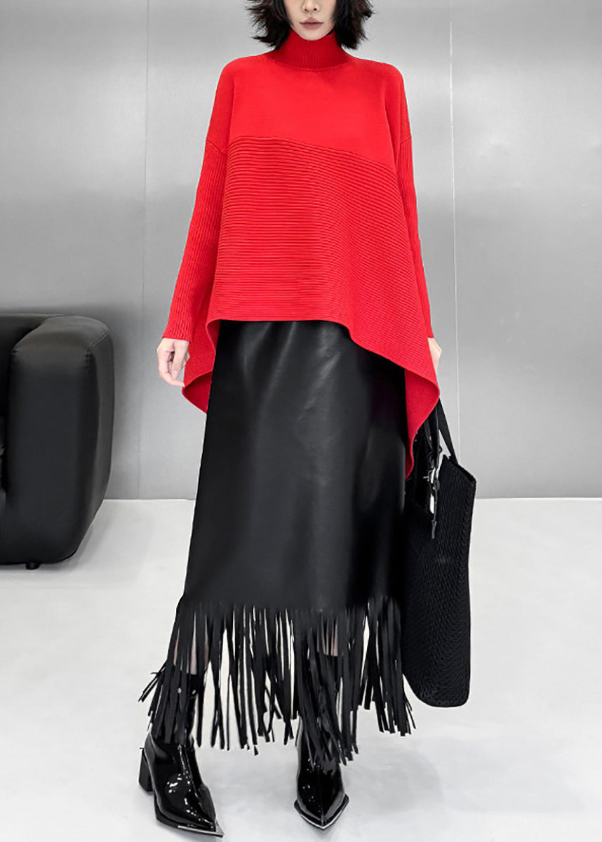 Casual Red Turtleneck Asymmetrical Knit Sweater Tops Fall