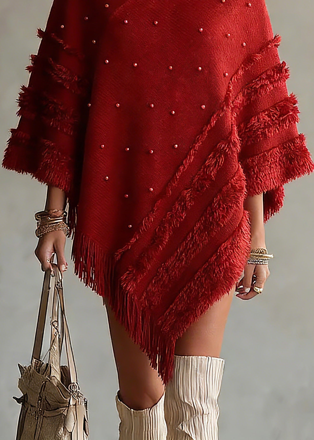 Casual Red Turtleneck Tassel Patchwork Cotton Knit Sweaters Tops Batwing Sleeve