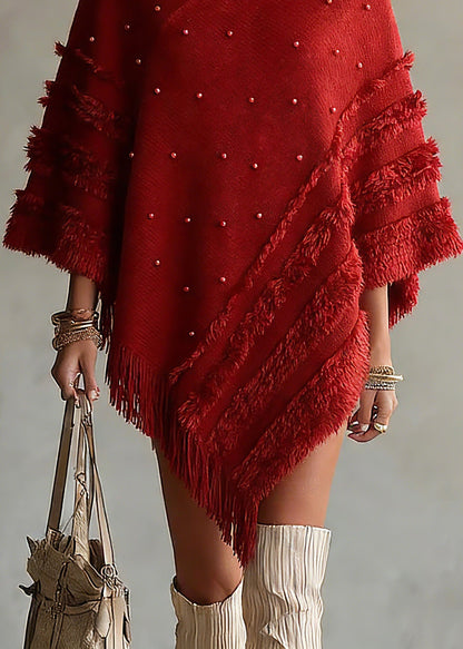 Casual Red Turtleneck Tassel Patchwork Cotton Knit Sweaters Tops Batwing Sleeve