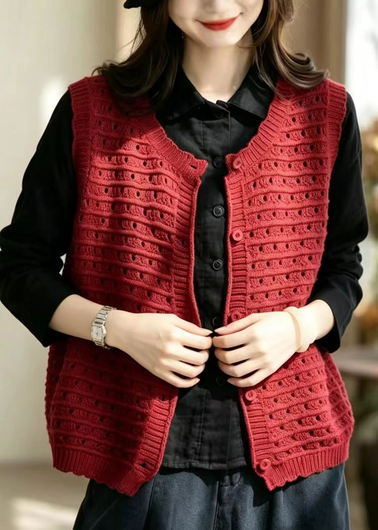 Casual Red V Neck Hollow Out Button Knit Vest Sleeveless