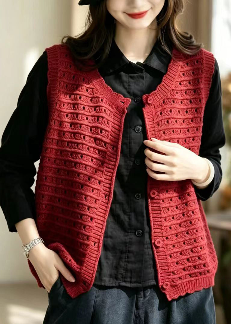 Casual Red V Neck Hollow Out Button Knit Vest Sleeveless