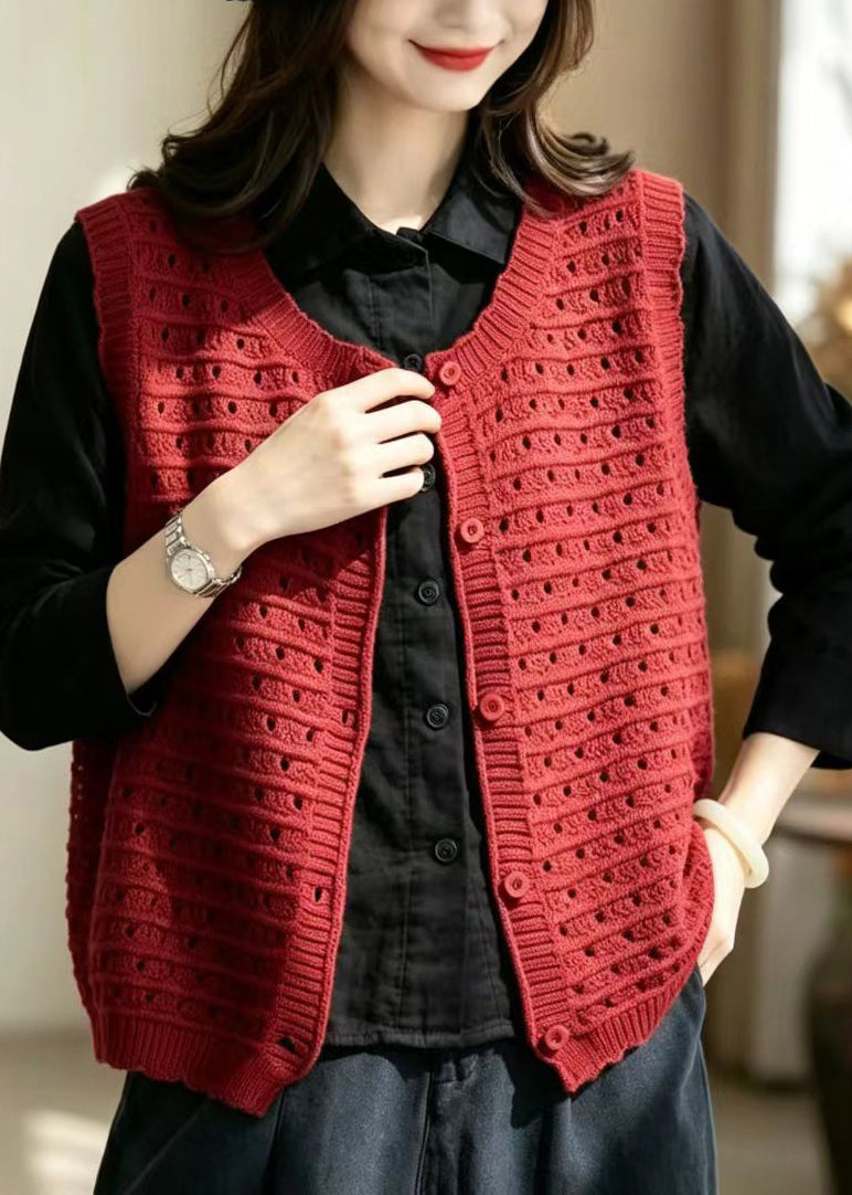 Casual Red V Neck Hollow Out Button Knit Vest Sleeveless