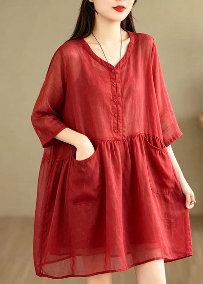 Casual Red V Neck Pockets Patchwork Cotton Mid Dress Bracelet Sleeve