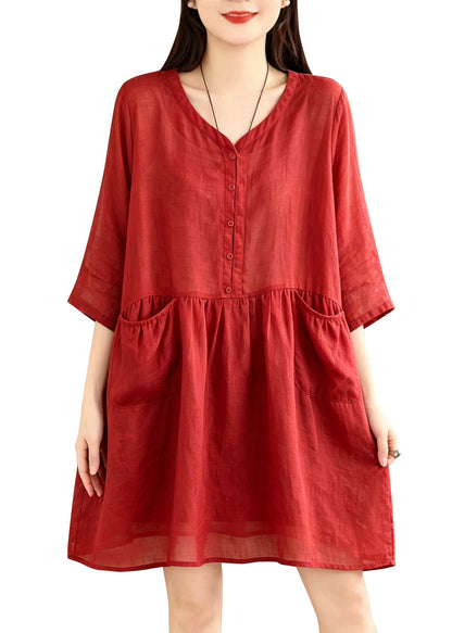 Casual Red V Neck Pockets Patchwork Cotton Mid Dress Bracelet Sleeve
