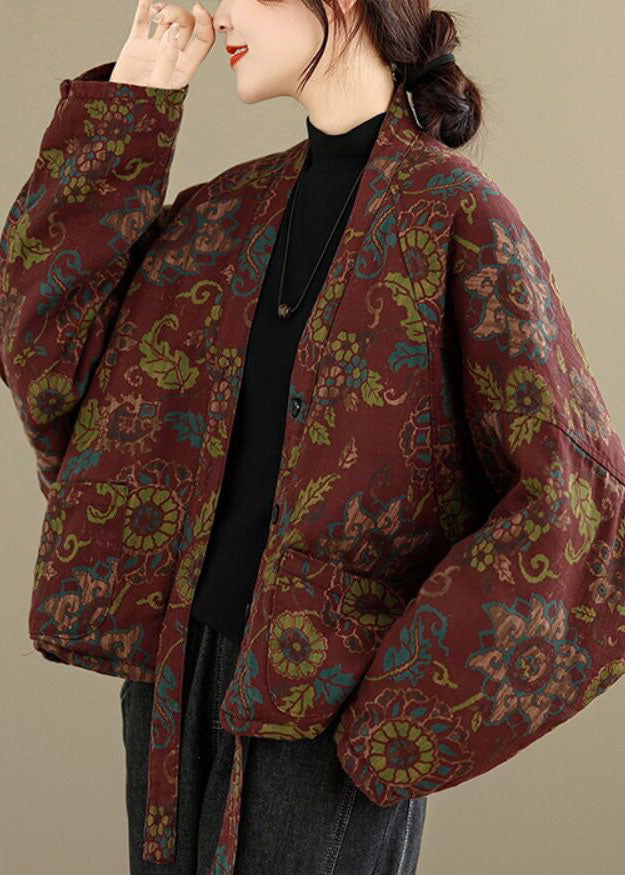 Casual Red V Neck Pockets Print Warm Fleece Down Jackets Winter