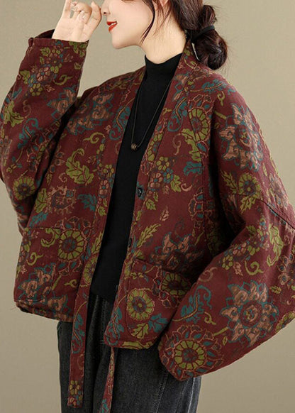 Casual Red V Neck Pockets Print Warm Fleece Down Jackets Winter