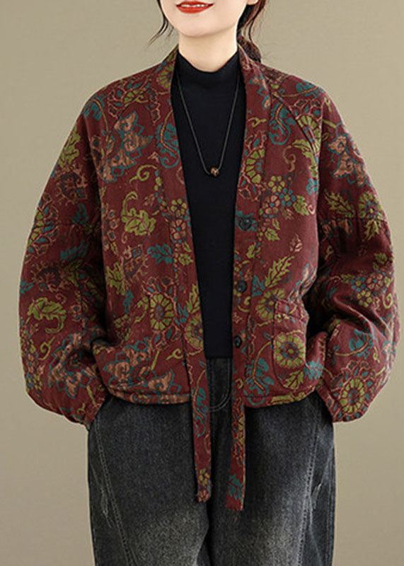 Casual Red V Neck Pockets Print Warm Fleece Down Jackets Winter