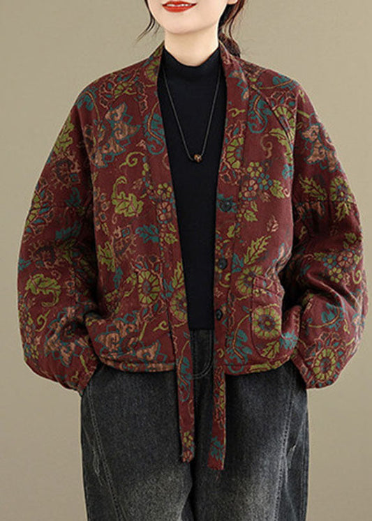 Casual Red V Neck Pockets Print Warm Fleece Down Jackets Winter