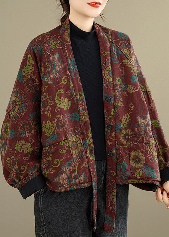 Casual Red V Neck Pockets Print Warm Fleece Down Jackets Winter