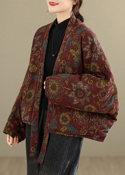 Casual Red V Neck Pockets Print Warm Fleece Down Jackets Winter