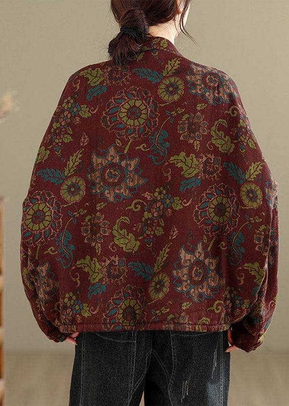 Casual Red V Neck Pockets Print Warm Fleece Down Jackets Winter