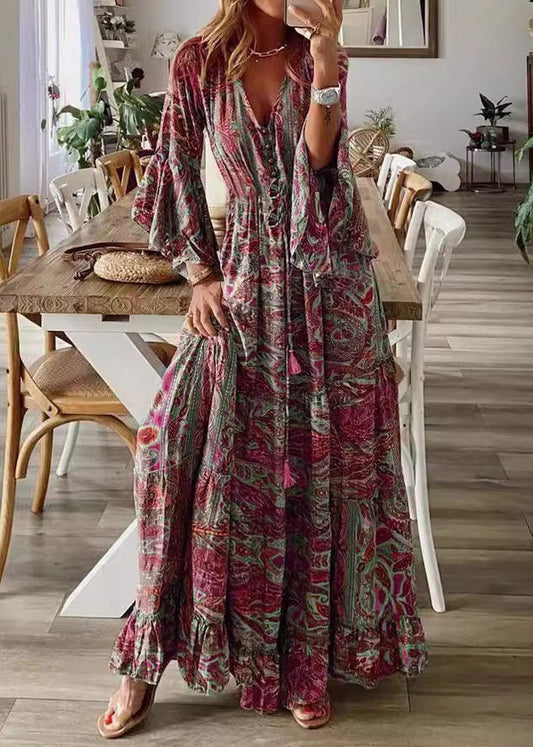 Casual Red V Neck Print Long Dress Flare Sleeve