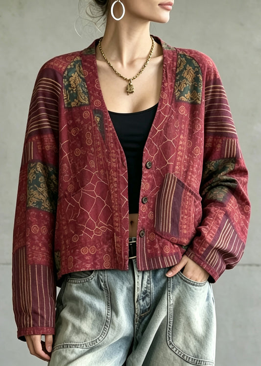 Casual Red V Neck Reversible Wear Print Coat Fall