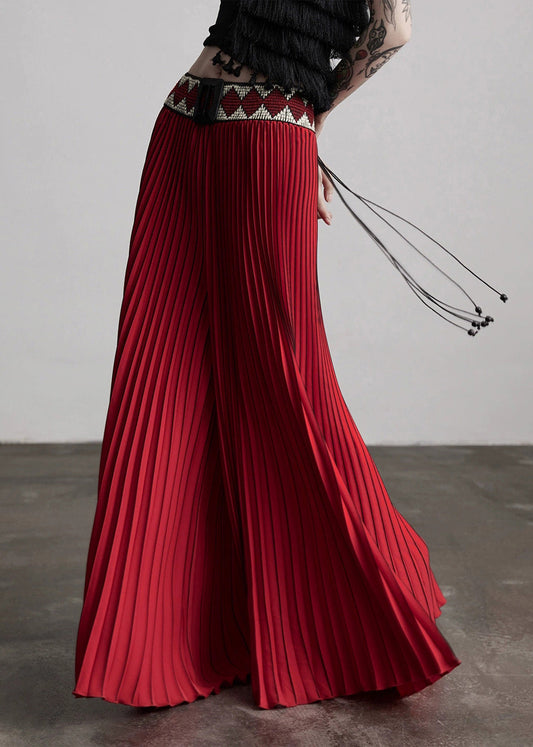 Casual Red Waist Flower Splicing Pleated Wide Leg Pants Spring