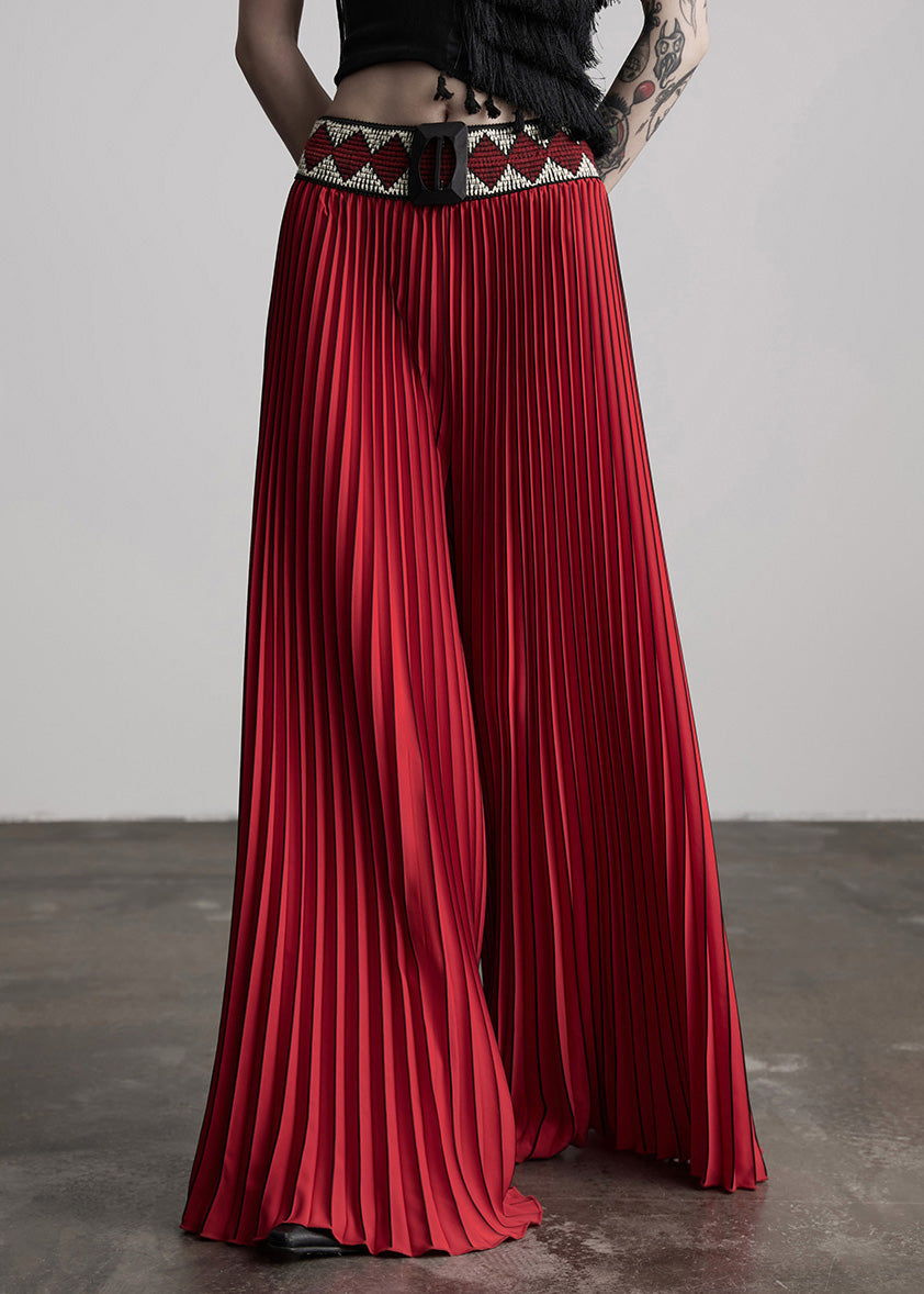 Casual Red Waist Flower Splicing Pleated Wide Leg Pants Spring