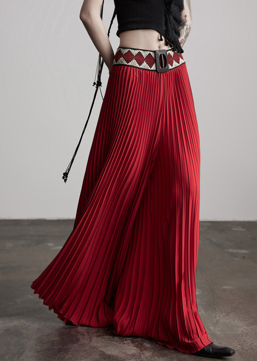 Casual Red Waist Flower Splicing Pleated Wide Leg Pants Spring