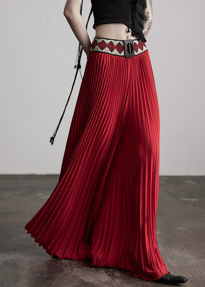 Casual Red Waist Flower Splicing Pleated Wide Leg Pants Spring