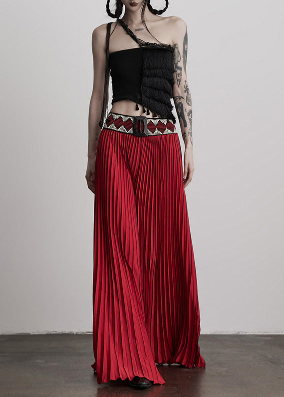 Casual Red Waist Flower Splicing Pleated Wide Leg Pants Spring