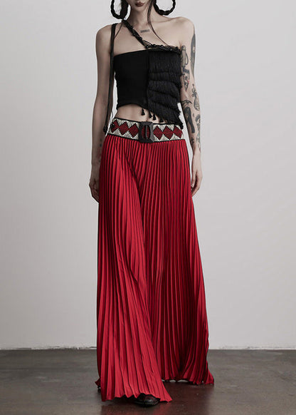 Casual Red Waist Flower Splicing Pleated Wide Leg Pants Spring