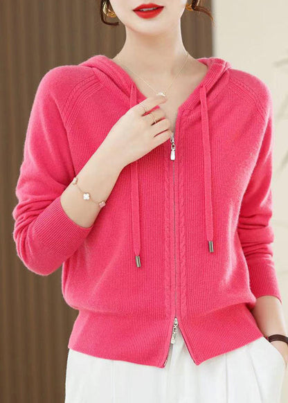 Casual Red Zip Up Wool Knit Hooded Cardigans Spring
