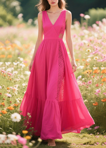 Casual Rose Asymmetrical Patchwork Cotton Vacation Dresses Summer