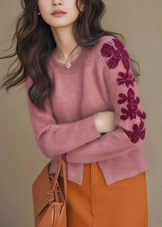 Casual Rose Embroidered Side Open Knit Sweater Tops Winter
