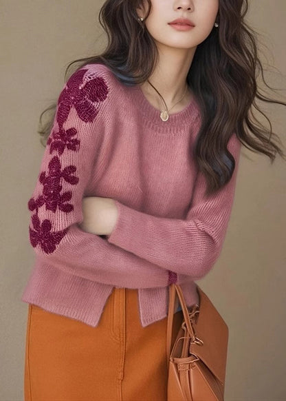 Casual Rose Embroidered Side Open Knit Sweater Tops Winter