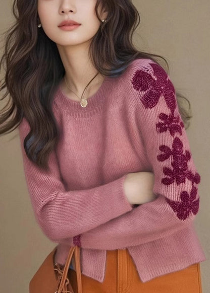 Casual Rose Embroidered Side Open Knit Sweater Tops Winter