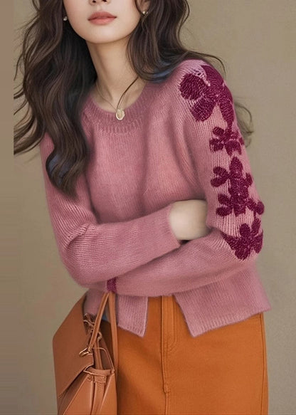Casual Rose Embroidered Side Open Knit Sweater Tops Winter