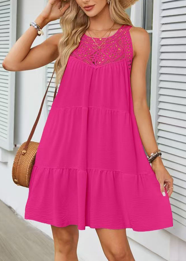 Casual Rose Hollow Out Patchwork Cotton Dress Sleeveless